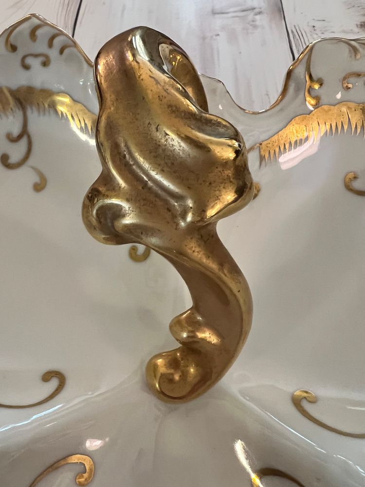 Lovely Limoges France 3 Section Gold-Handled Serving Dish