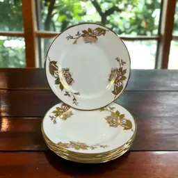 Hammersley Rose Dessert Plate Gold Roses Scalloped Edge Set of 6