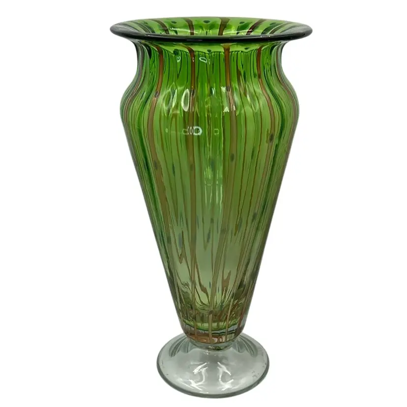 Green Gold Striped Hand Blown Glass Vase 12.5” Tall