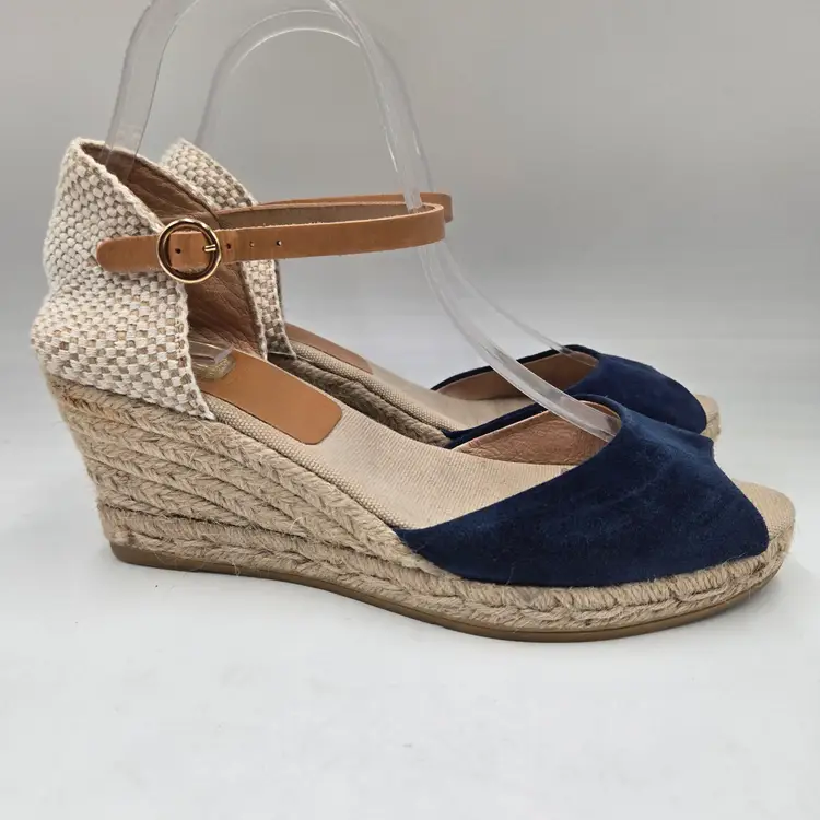 Kanna Women's Ankle Strap Wedge Espadrille 4207 Sandal Blue Suede Tan Sz 39 / 8