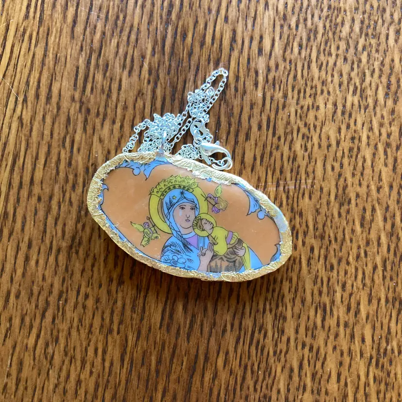 Broken Pottery Artisan Made Pendant Christian Religious Plate Handcrafted Necklace 1.25 in x 2.25 in