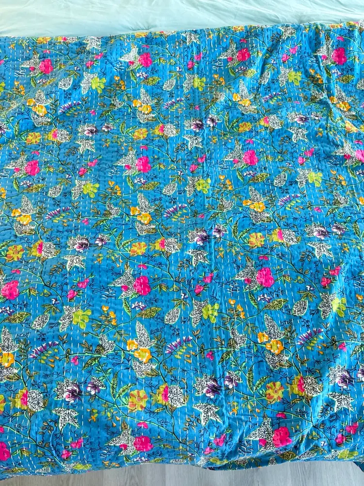 King Sized Kantha India Quilt Blanket Blue 108"x108"