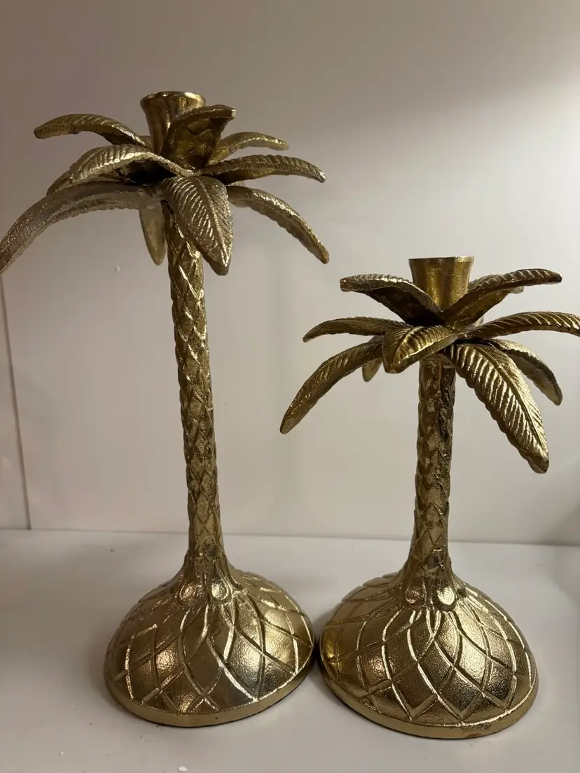 9.5" & 13” Brass Hospitality Pineapple Tropical Palm Tree Candle Sticks 5"  Base