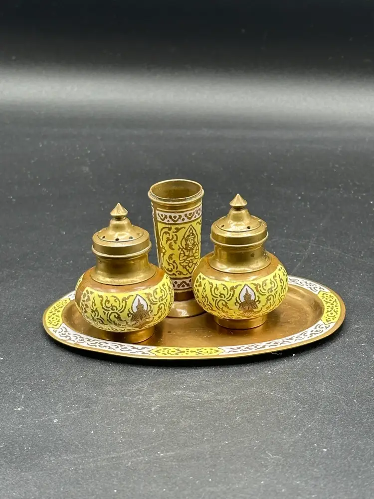 Vintage Enameled Brass Salt & Pepper Shakers, Toothpick Holder, and Tray - Thai Buddha Theme