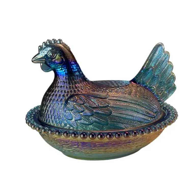 Indiana Glass Hen on Nest Blue Carnival Iridescent Glass VTG Beaded Candy Dish