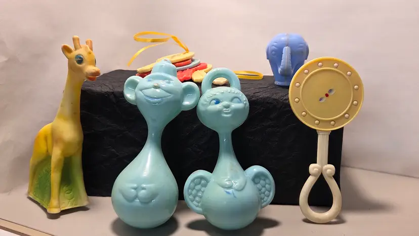 Vintage Children's Toys Lot of Six. Plastic keys, Elaphant,Giraffe squeaker, and Three Rattles