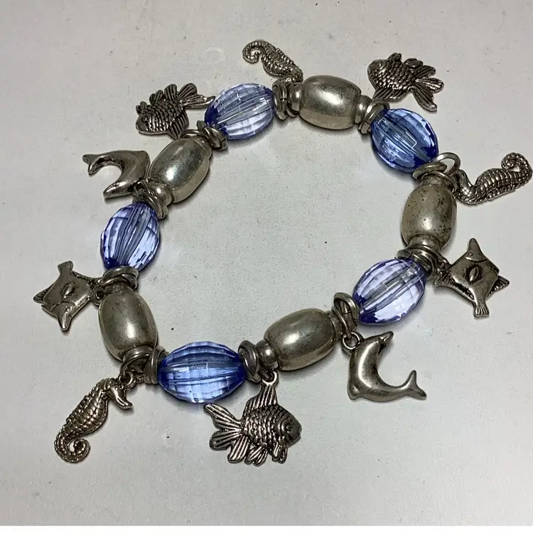 Ocean Themed Stretch Bracelet With Blues& Silver Beads