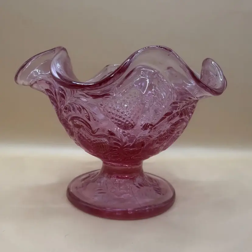 Fenton Rose Pink Inverted Strawberry Ruffled Compote 3.25”