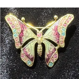 Butterfly Brooch Pink Enamel Signed With Blue & Pink Stones