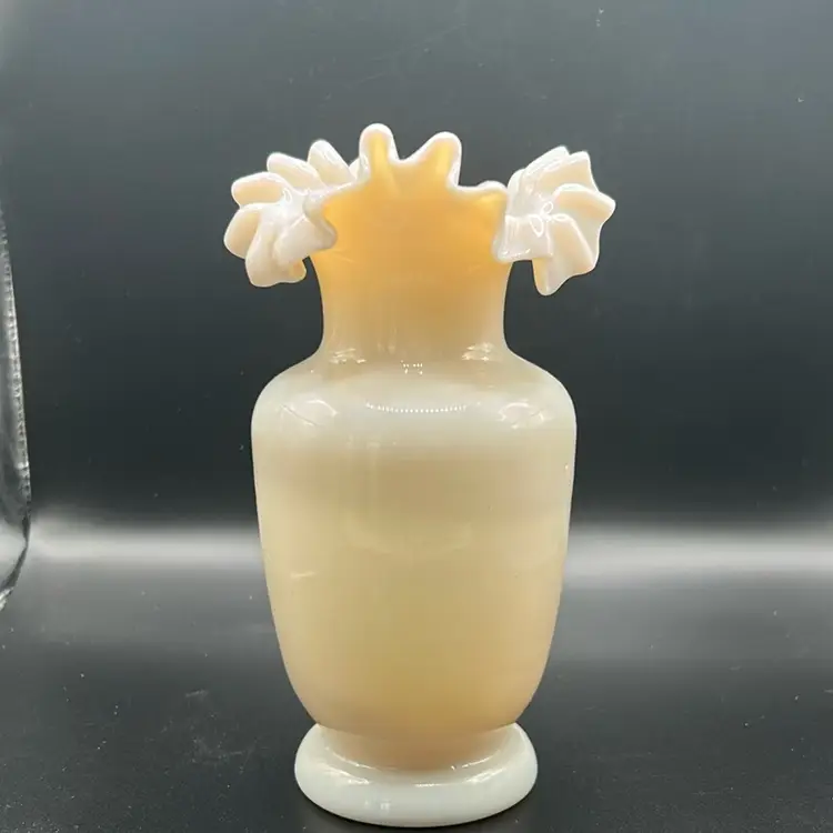 Antique Off-white ruffled  rim glass vase