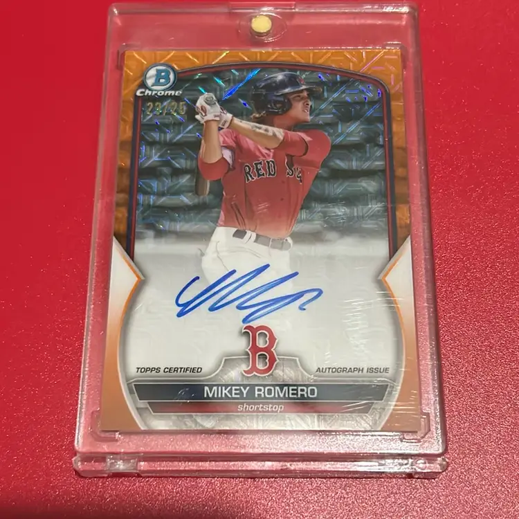 2023 topps chrome mikey romero bma-mr orange mega refractor /25 auto