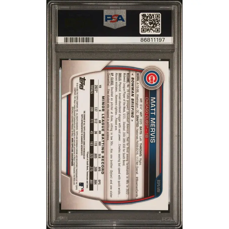 2023 BOWMAN SAPPHIRE EDITION CHROME PROSPECTS AUTOGRAPHS BSPAMM MATT MERVIS PSA 10 Chicago Cubs