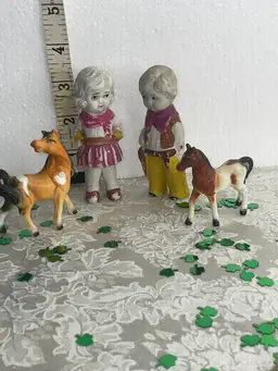Antique Frozen Charolette Cowkids With Their Porcelain Horses