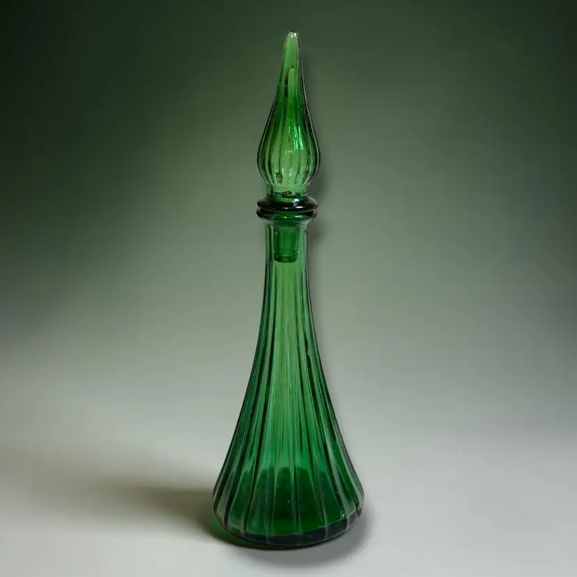 Vintage Empoli Genie Bottle Decanter Green Glass Stopper 11” Mid Century 60s