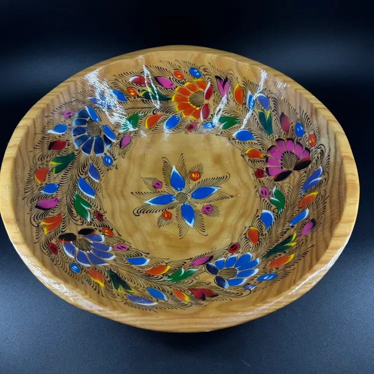 Hand Painted Colorful Floral Wooden Salad Bowl With Spoons Mexico