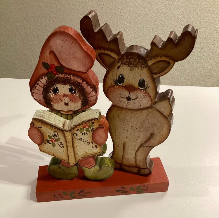 Vintage Hand Painted Christmas Decoration Reindeer and Caroler 1991