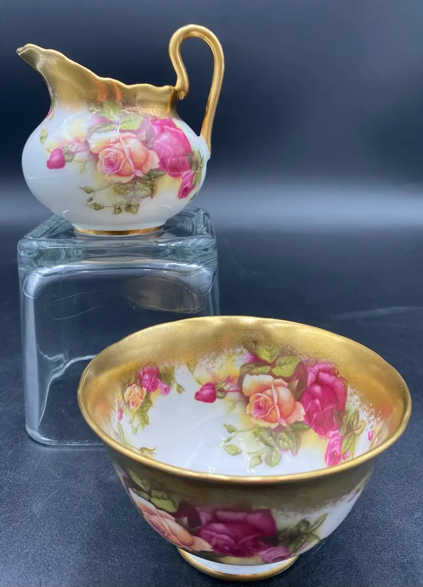 Royal Chelsea Open Sugar & Creamer, Golden Rose, English Bone China, Gold Gilt