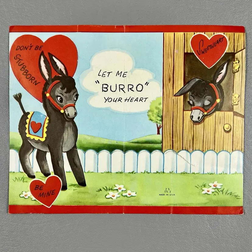 Vintage Valentine Card Let Me Burro Your Heart Donkey Farm Hearts 8x6"