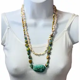 Buffalo & Arizona Turquoise Bead Necklace Multi-Strand 25” Sterling Clasp
