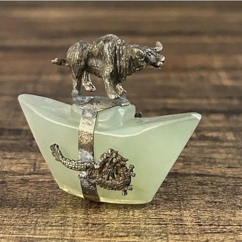Vintage Chinese Horoscope Brass Bowenite Jade Ox Figure
