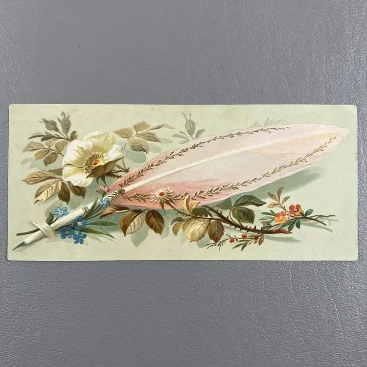 Victorian Trade Card Embossed Quill Pink Feather Florals Flowers 2.5x6"