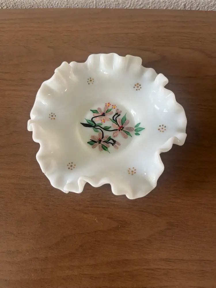 Fenton Art Glass Milk Glass Hand Painted Floral Ruffled Edge