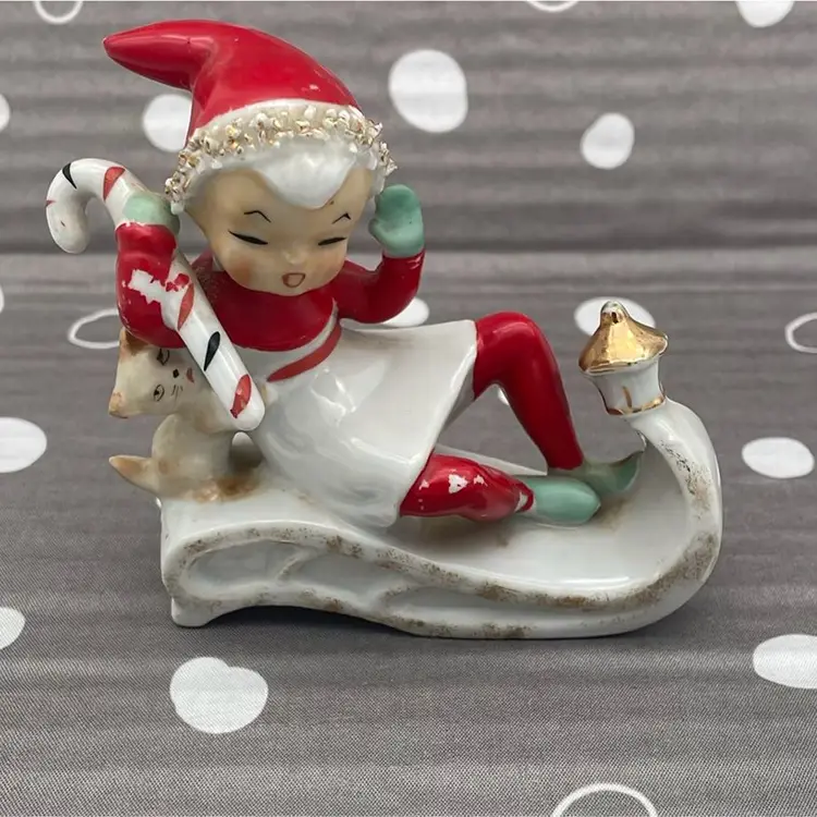 Ucago Spaghetti Pixie Elf On Sled W/ Kitty Cat & Candy Cane