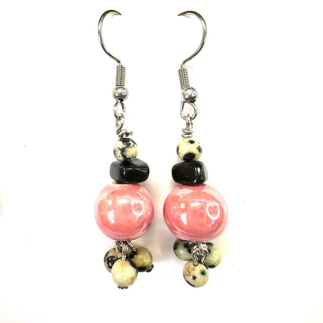 Pink Ceramic Black Dalmatian Leopard Stone Beaded Handmade Dangle Earrings Silver Tone 2”L Made By Me