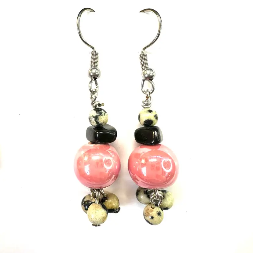 Pink Ceramic Black Dalmatian Leopard Stone Beaded Handmade Dangle Earrings Silver Tone 2”L Made By Me
