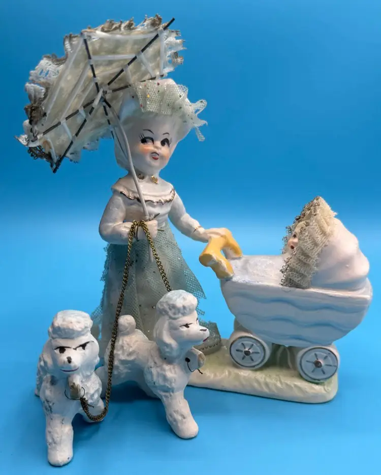 Figurine Of Woman with Parasol Pushing Baby in Carriage & Walking Poodle Dogs Japan MCM Arnart