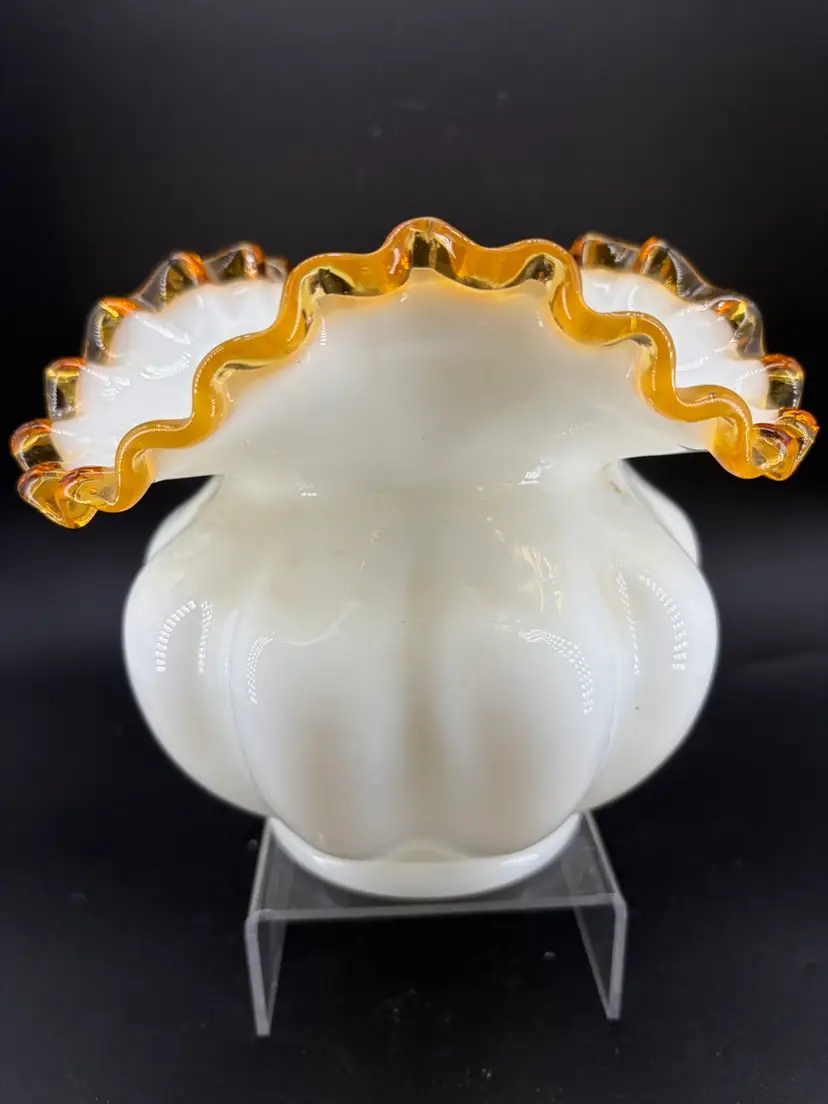 Vintage Fenton Gold Crest Milk Glass Vase with Amber Ruffled Edge