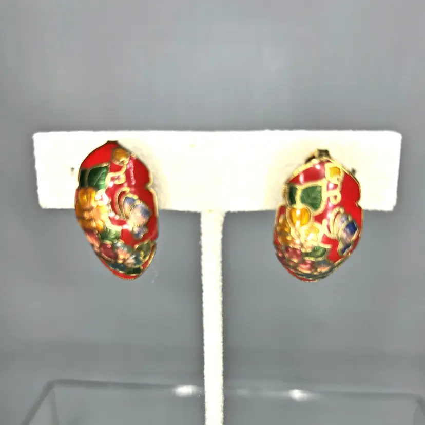 Cloisonne Oval Clip On Earrings Butterfly Floral Enamel 1990s Vintage