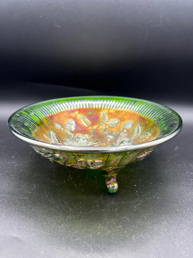 018. Stunning Imperial Glass ROSE Green Gold Carnival Glass 3-Footed Bowl 8" D
