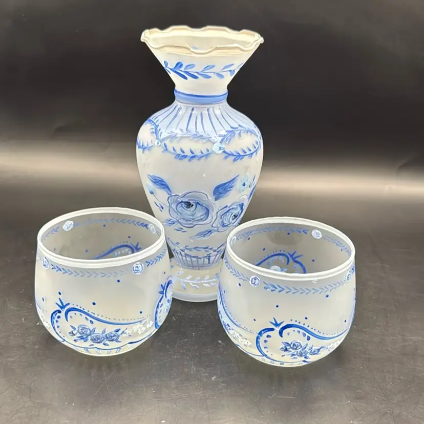 Blue And White Hand Painted Floral Frosted Glass Vase And 2 Votives - Unmarked