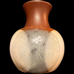 MCM Robert Maxwell Pottery Craft USA Vase Drip Glaze Moon Vase 5” Tan Blue