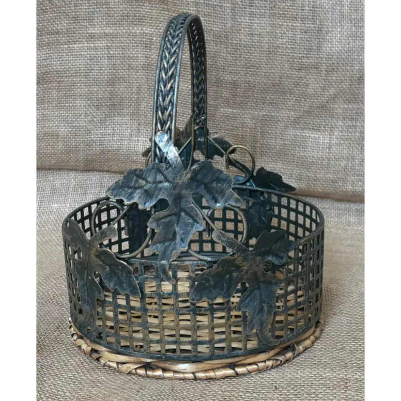 Distressed Leaf Open Weave Metal Basket with Wicker Base Rustic Farmhouse Tuscan