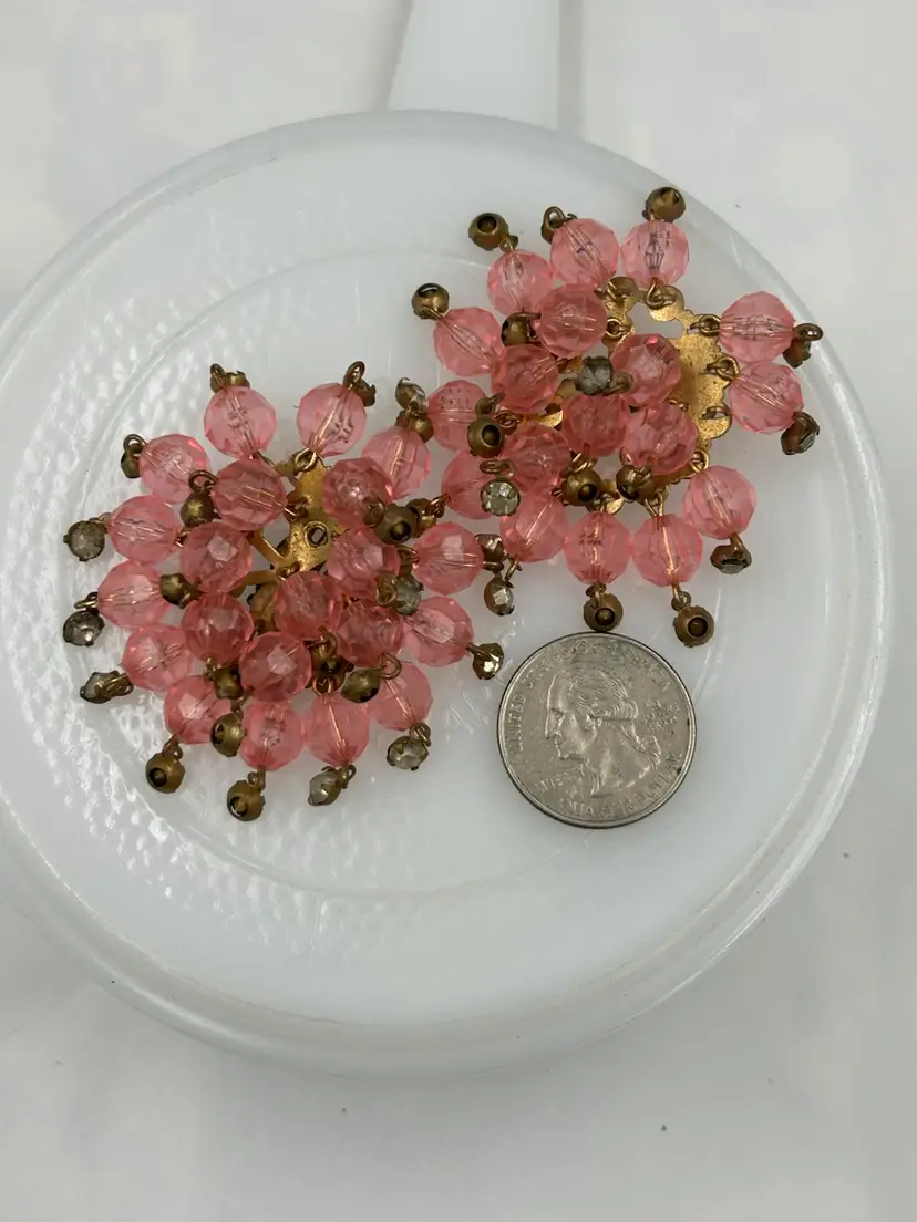 Vintage brass & Pink Glass Bead Cluster Earrings Glow Orange