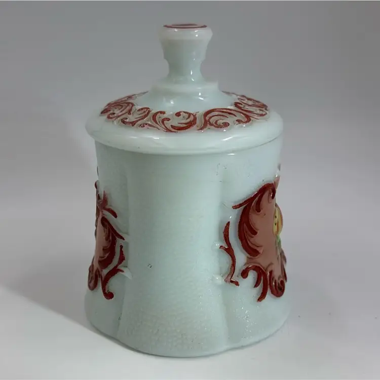 Vintage White Milk Glass Apothecary ginger jar Or Cookie Jar Or Candy Jar with lid, apple and grapes pattern🍇