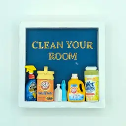 "Clean Your Room" Miniature Cleaning Supplies Block Wall Art