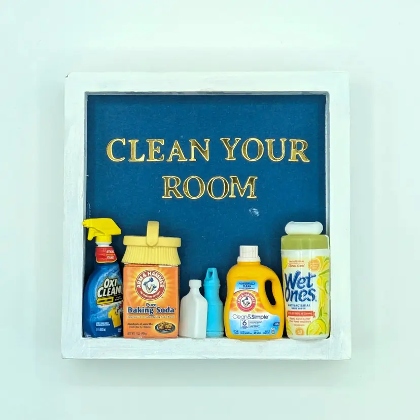 "Clean Your Room" Miniature Cleaning Supplies Block Wall Art