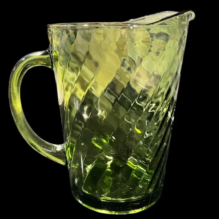 Hazel Atlas- Optic Swirl- Green Pitcher 8” High, 5.25” Diameter, 8.5” Wide Handle to Spout