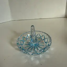 Vintage Blue & Clear Lead Crystal Round Ring Holder Trinket Jewelry Dish 3” Diameter