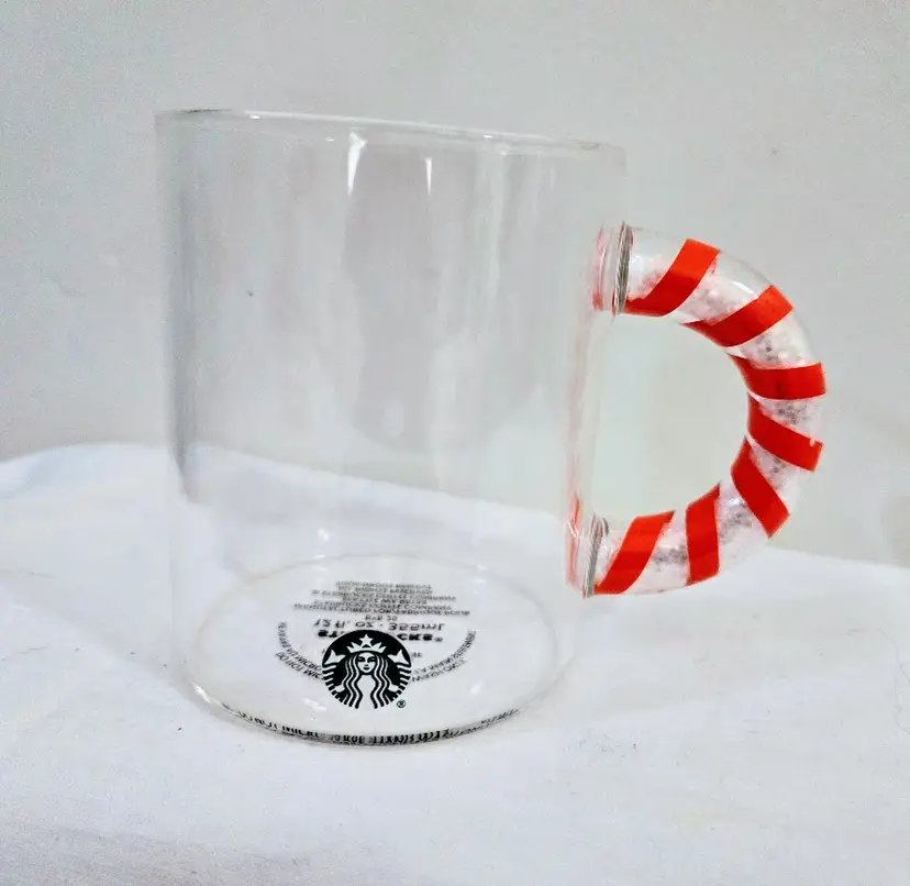 Starbucks Clear Glass Mug Cup 2020 Holiday Candy Cane Glitter Handle 12oz Logo