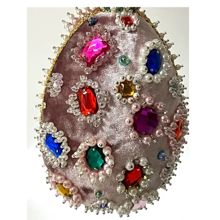 Handmade Vintage Style Easter Faberge Egg Push Pin Ornament Rhinestones Sequins Beads Pearls 6 in Height