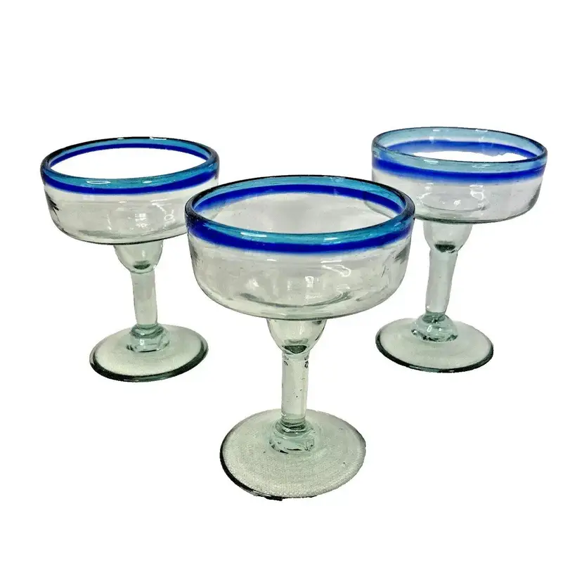 Three Blue & Aqua Stripes Rim Mexican Hand Blown Margarita Glasses
