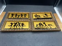 #253B Amazing Vintage Set Of Art Nouveau Prints Titled ‘The Four Seasons’ By German Illustrator Fidus. (Hugo Hoppener).
Each Print Is A Scene Depicting Children Enjoying Each Season, Winter, Spring, Summer And Autumn. Silhouettes Are Printed On The Glass In Black With A Gold Background.