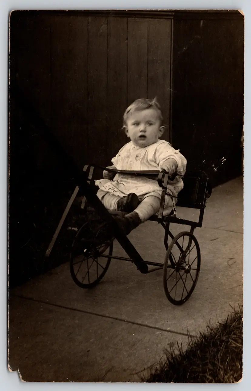 Postcard RPPC Baby in Pram on Sidewalk Real Photo Children Baby Carriage - 9247