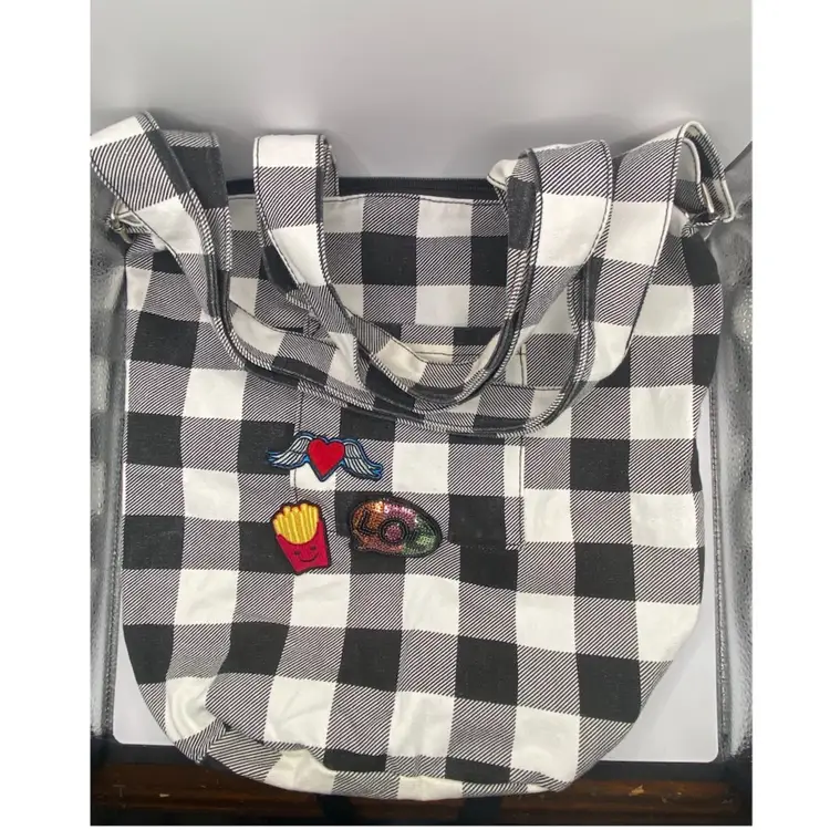 Unmarked Black And White Plaid Purse, 15” Wide, 14” Tall, Young Vibes