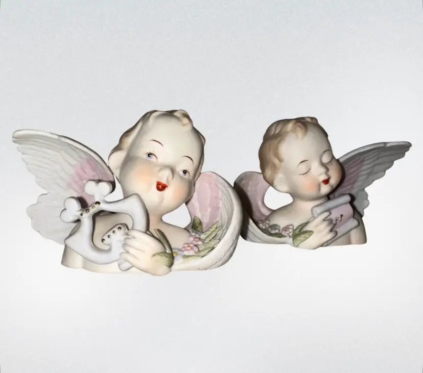 Vintage Lamore China Hand-painted Ceramic Angel Figurines