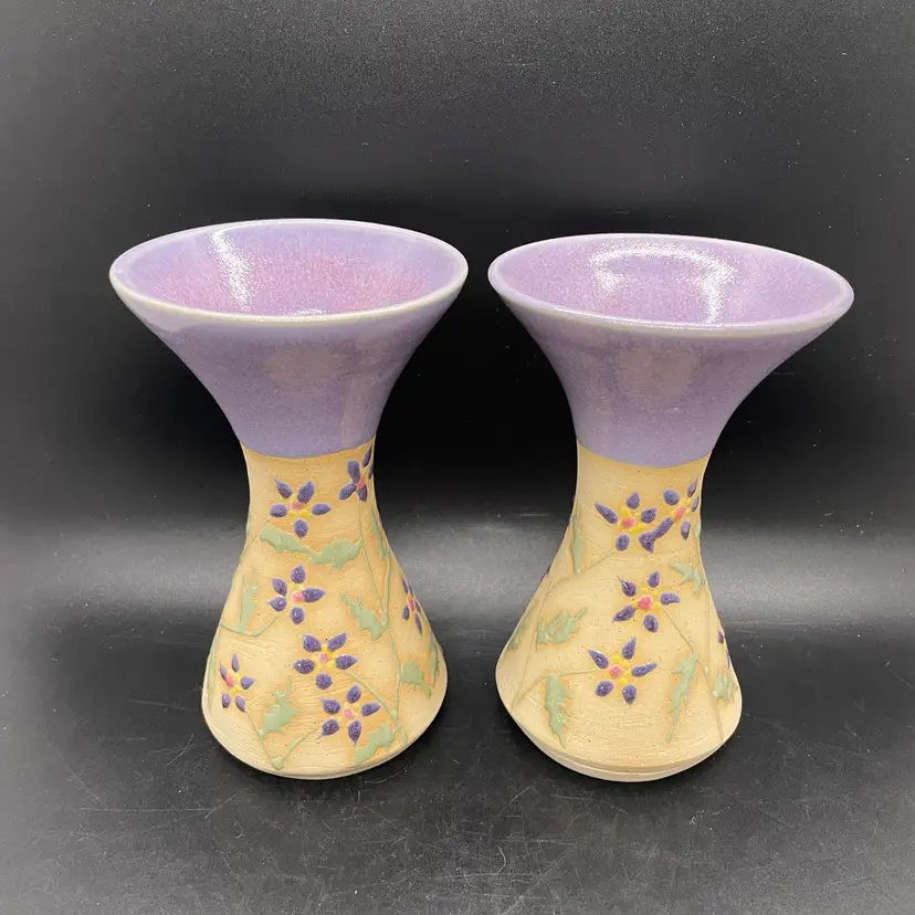 Pair Studio Art Pottery Flared Vases Pastel Purple Flowers Spring Artist Signed